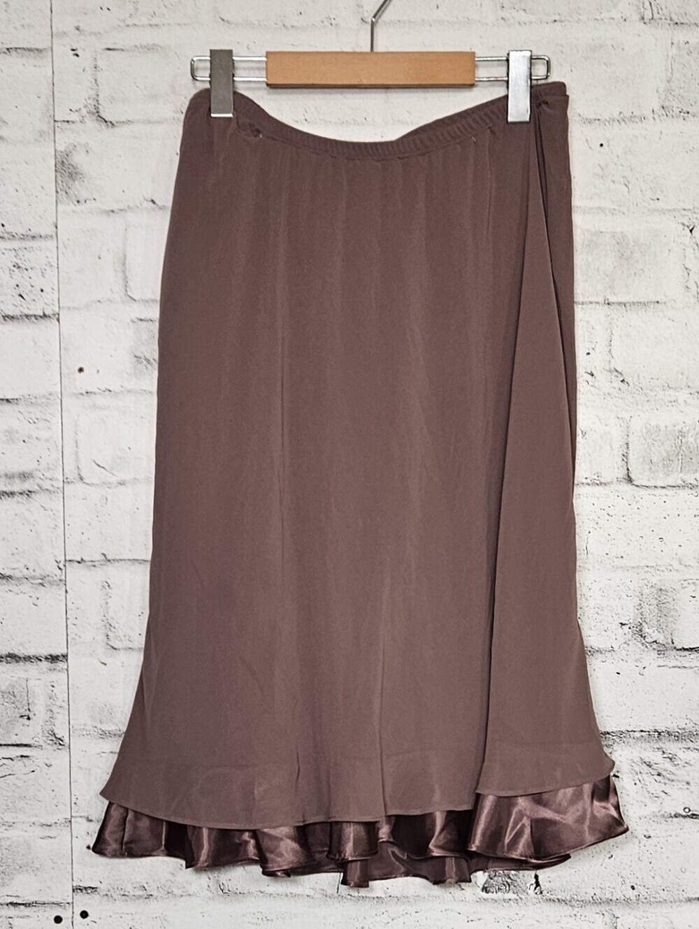 Tradition Brown Satin Hem Midi Skirt Size 14 Flowy Slip Style
